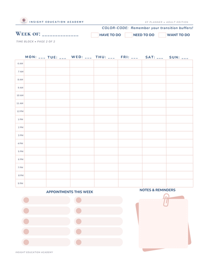 Weekly planner sheet with time blocks, appointments, and notes section.