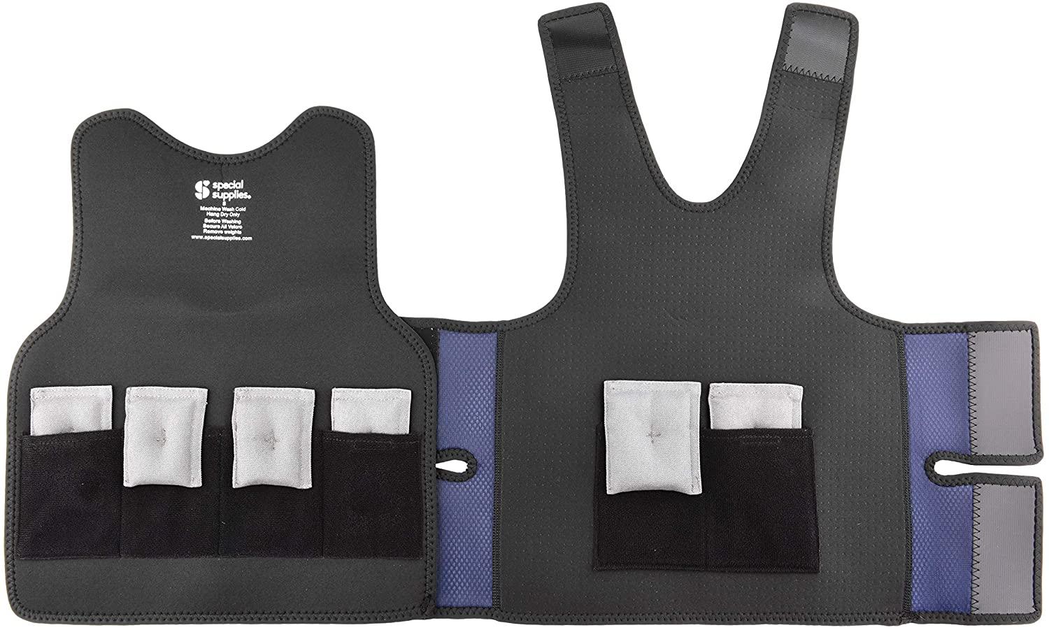 Black sensory weighted vest laid flat with removable weight pouches in visible pockets