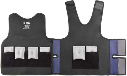 Black sensory weighted vest laid flat with removable weight pouches in visible pockets