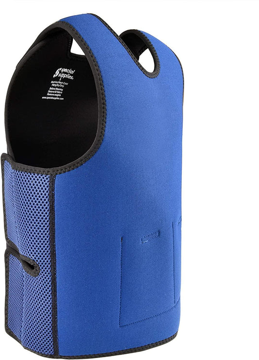 Blue sensory compression vest with breathable mesh panels for kids or adults