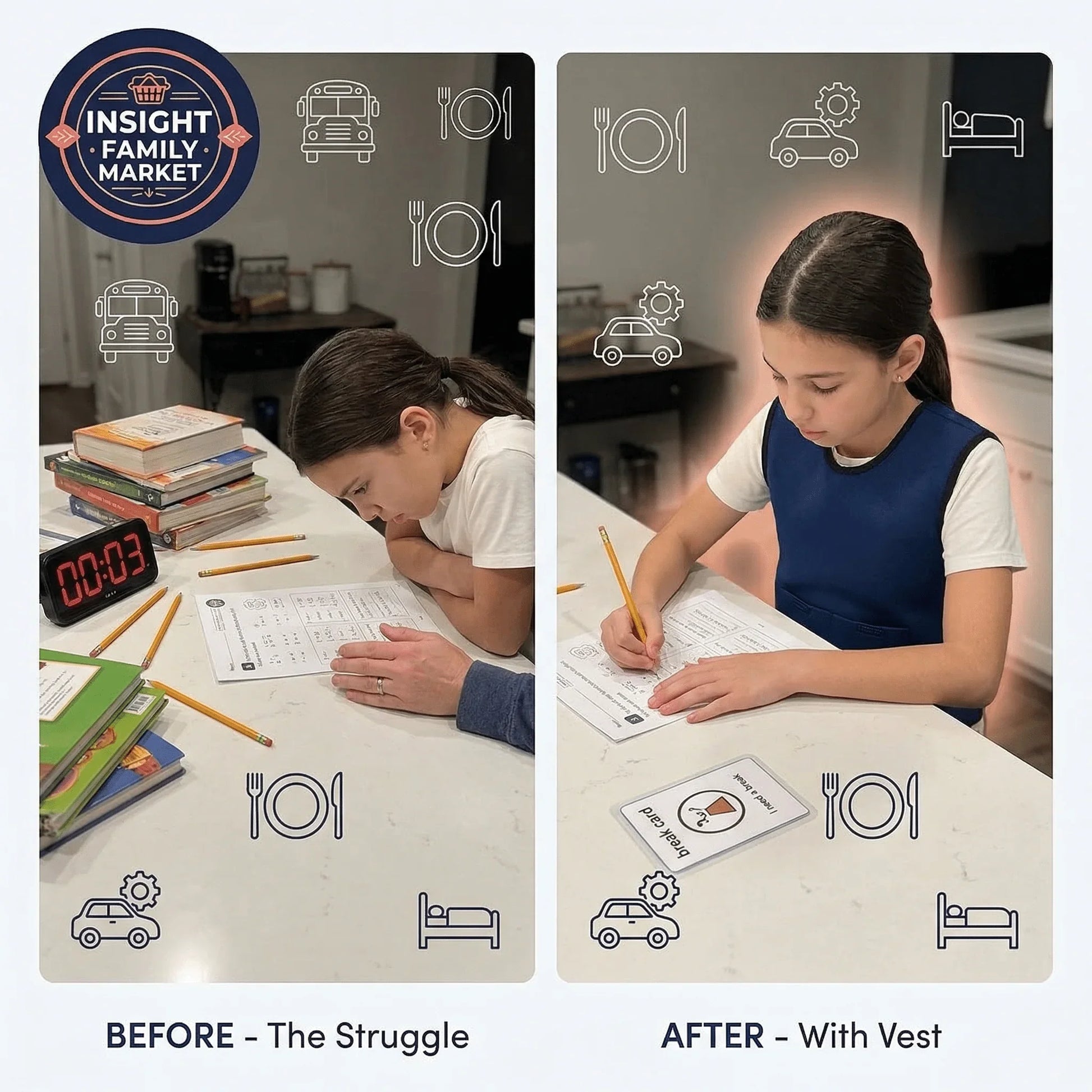 Child doing homework before and after wearing a sensory vest, showing improved focus