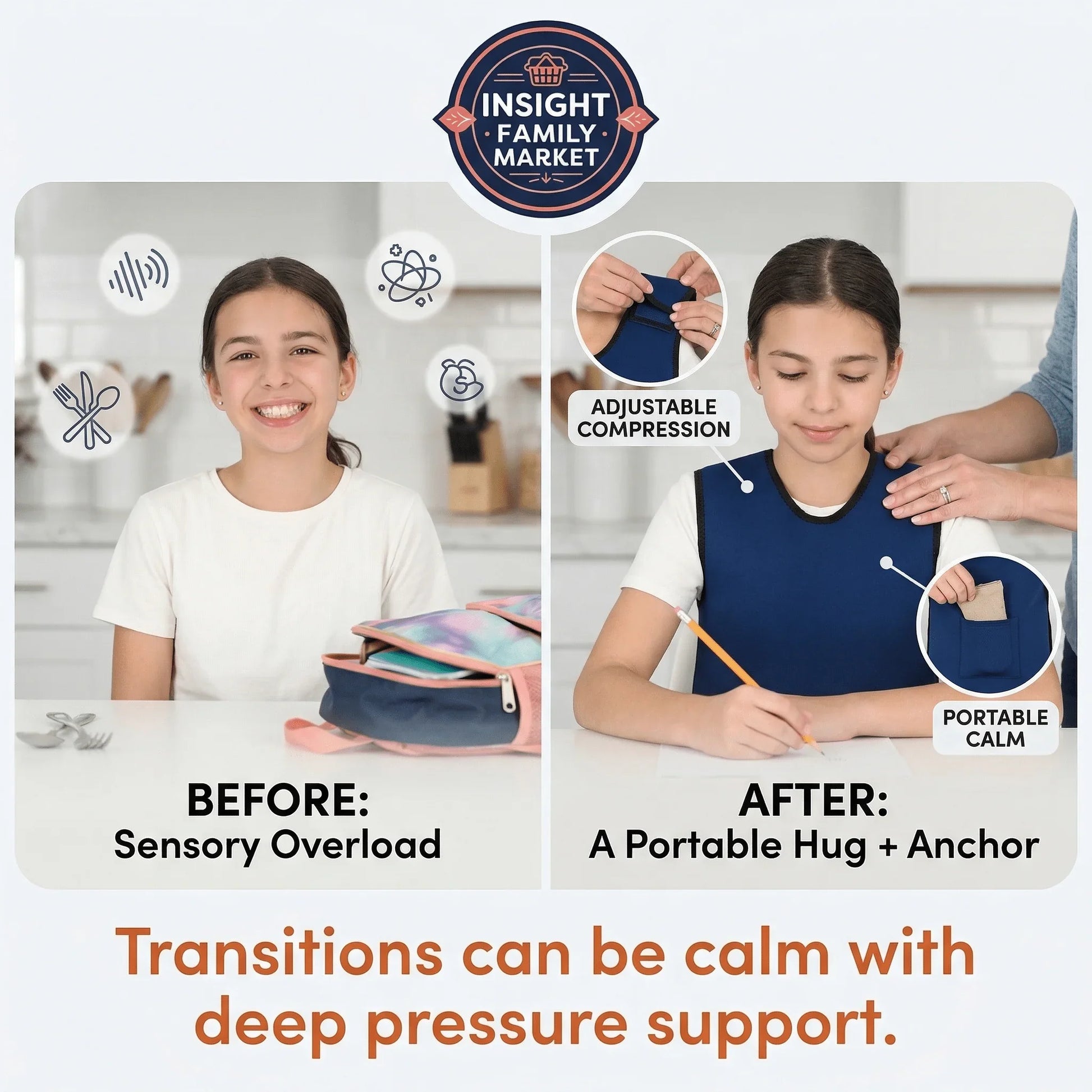 Child in kitchen before and after using sensory compression vest for calming focus.