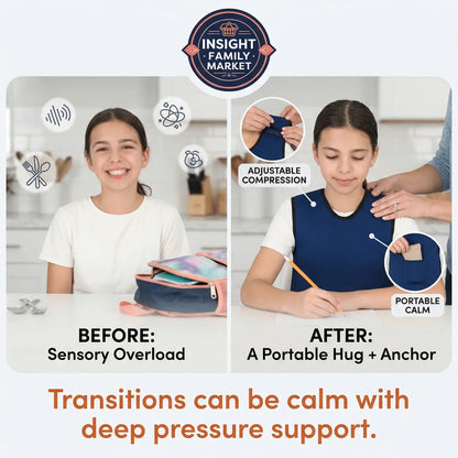 Child in kitchen before and after using sensory compression vest for calming focus.