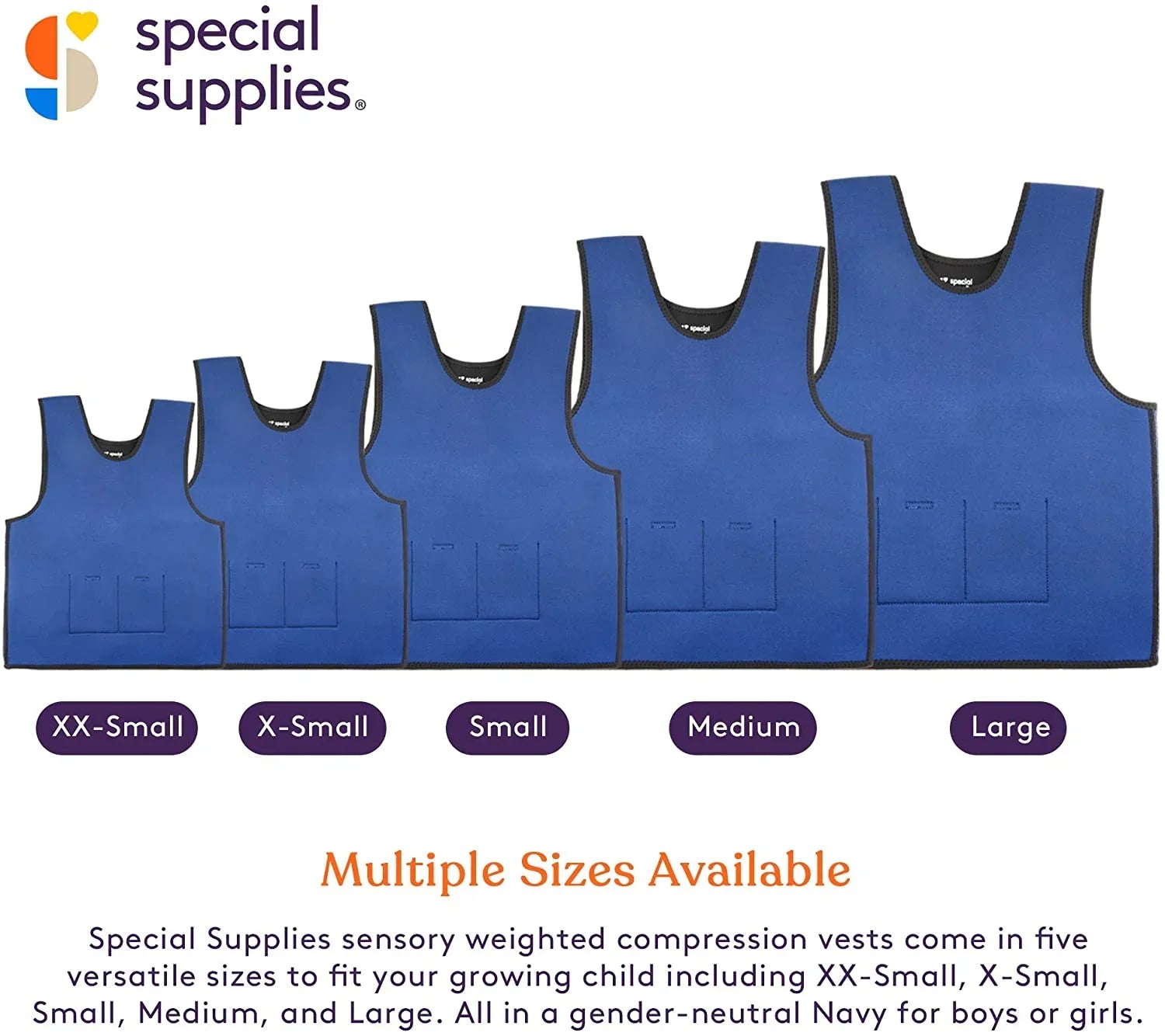 Five blue sensory weighted compression vests in various sizes for kids, labeled XX-Small to Large.