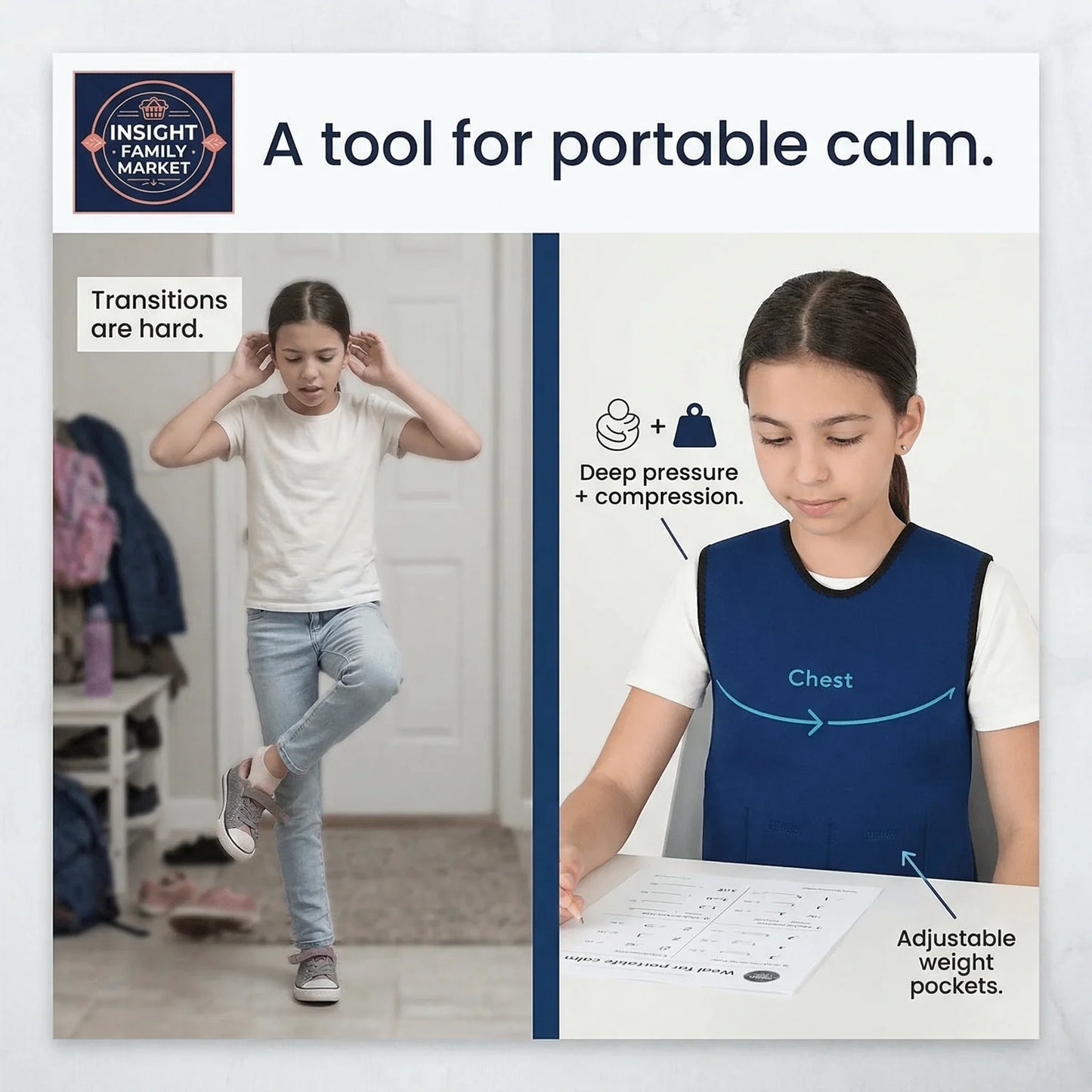 Girl using sensory compression vest with adjustable weight pockets for calming support