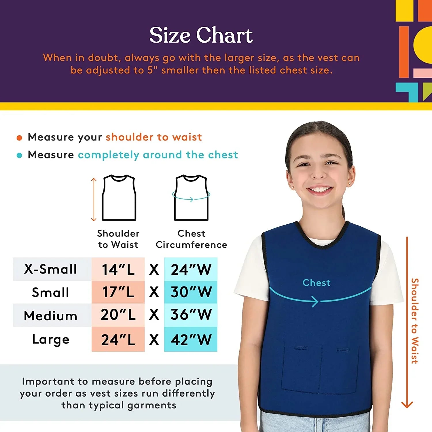 Girl wearing blue sensory vest next to illustrated size chart with measurement tips and sizing guide.