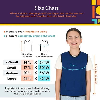 Girl wearing blue sensory vest next to illustrated size chart with measurement tips and sizing guide.