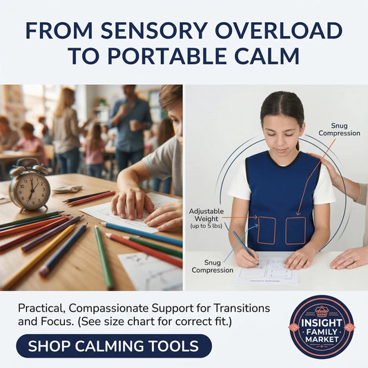 Sensory-friendly weighted compression vest for kids, designed for calm and focus in classrooms.