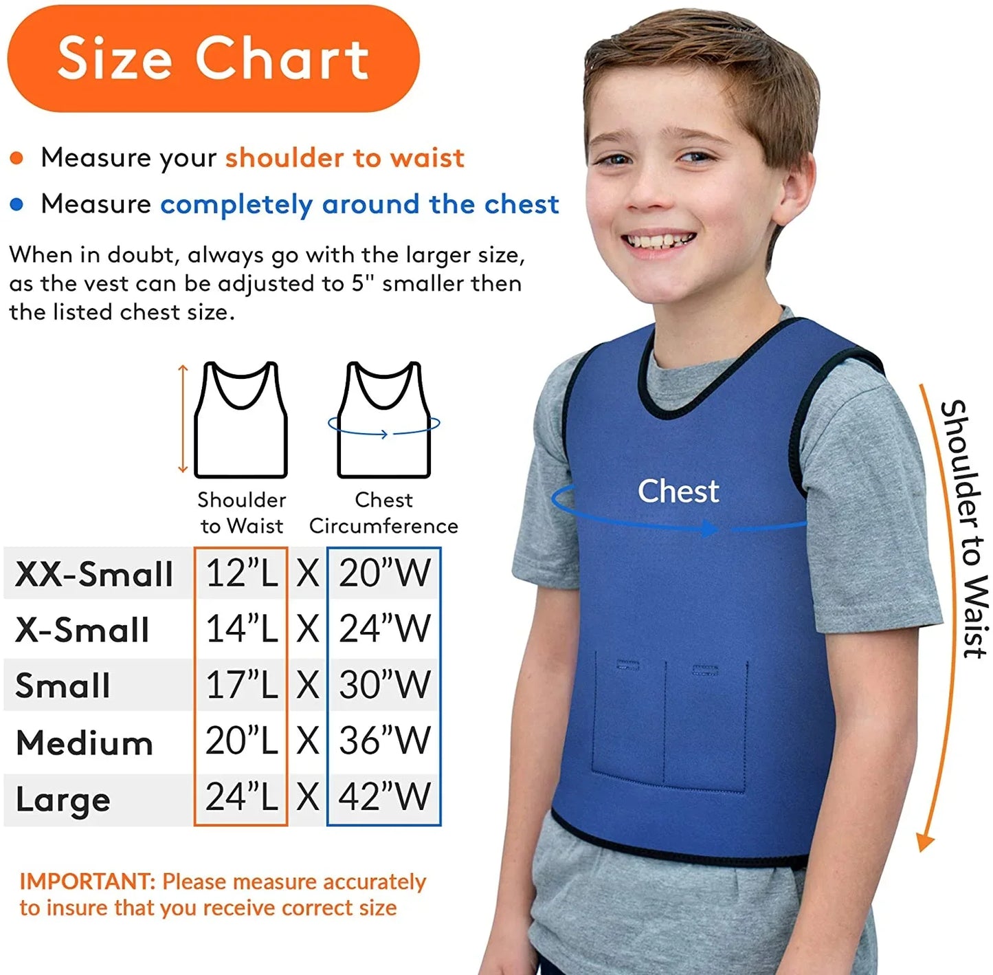 Smiling boy wearing blue sensory compression vest, with size chart for chest and shoulder measurements.