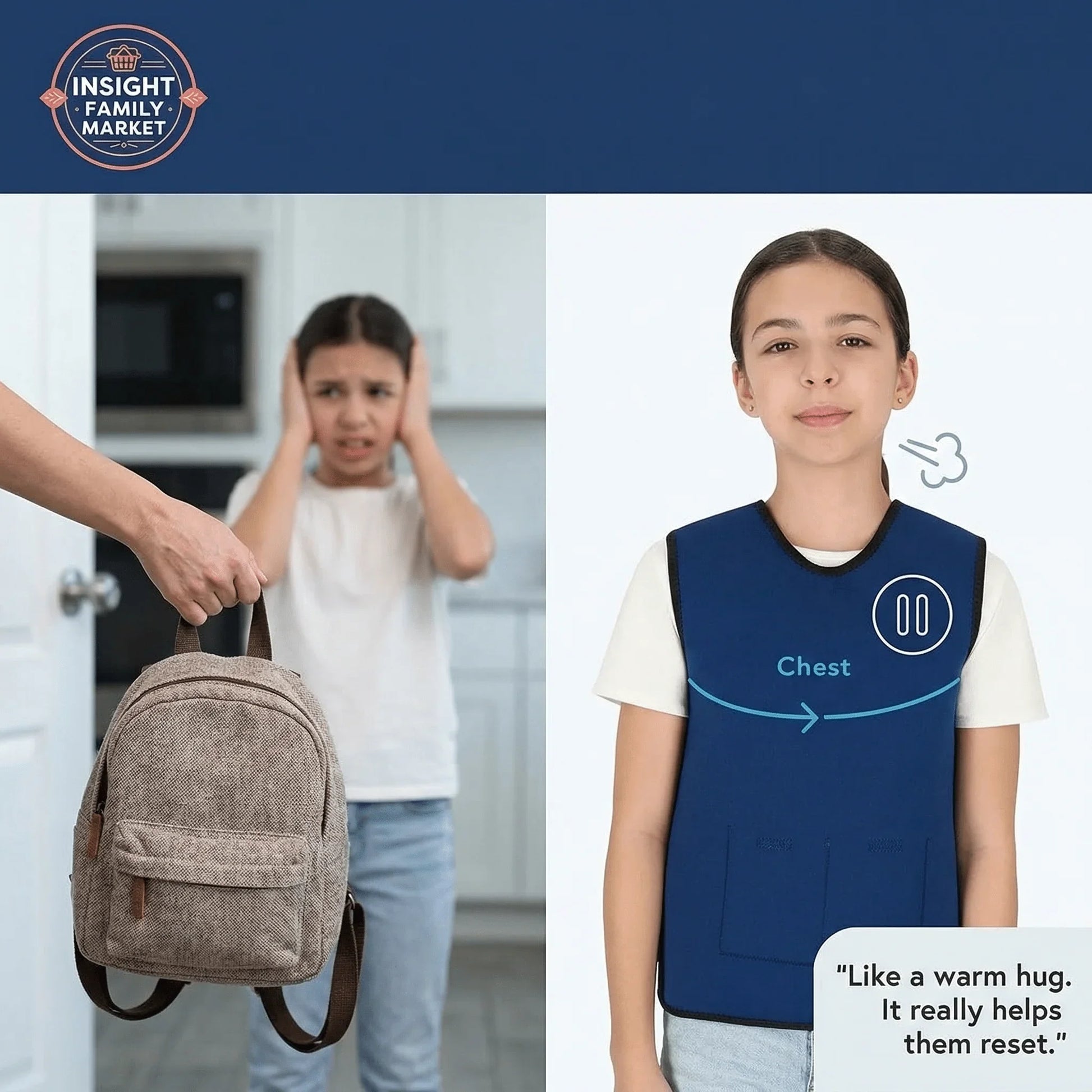 Stressed child with hands over ears, then calm while wearing a sensory compression vest.