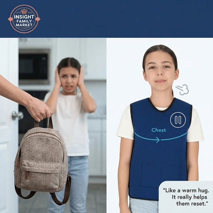 Stressed child with hands over ears, then calm while wearing a sensory compression vest.