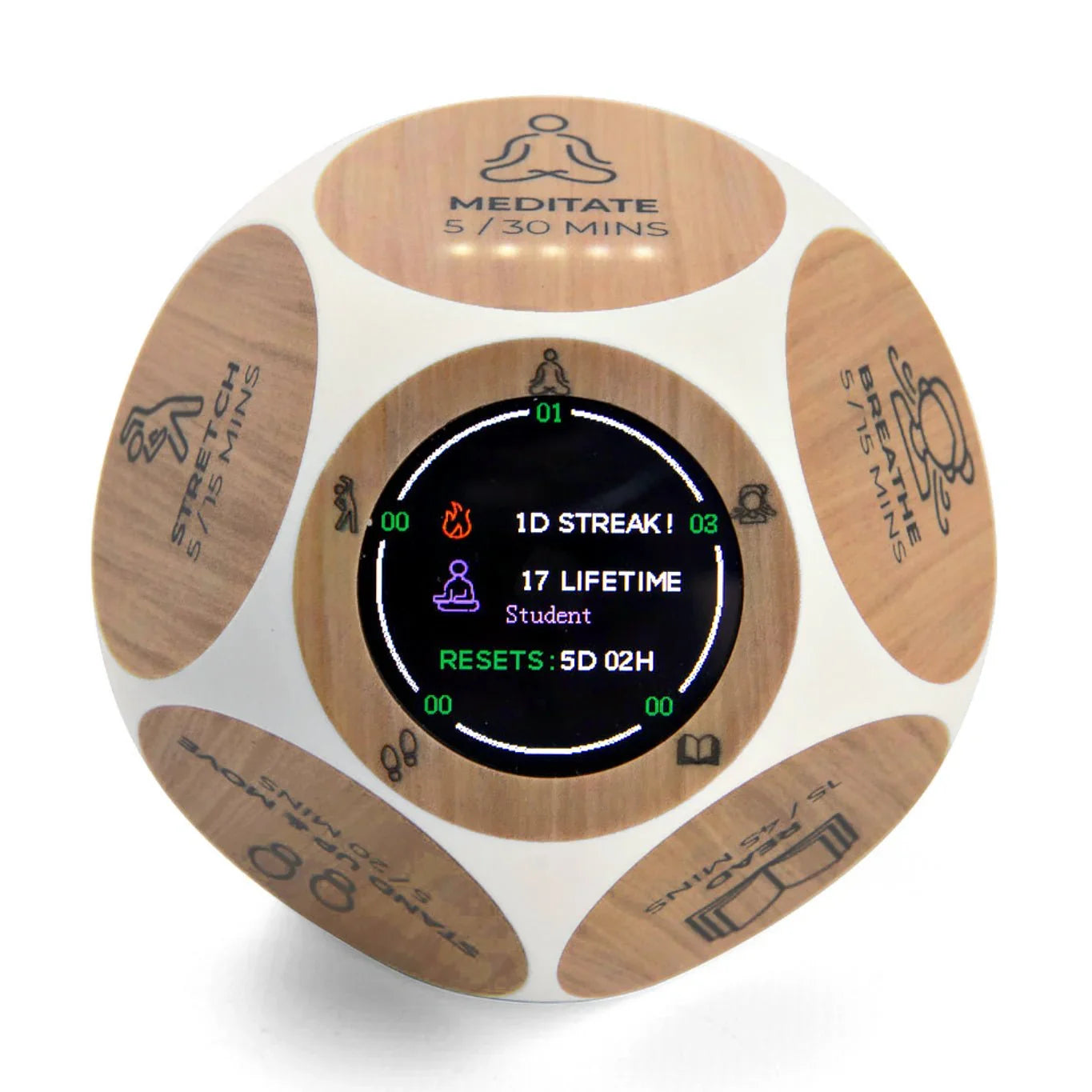 Digital wellness tracker cube with wood accents and screen for tracking meditation, breathing, stretching activities.
