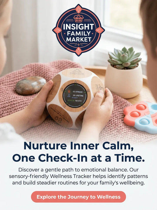 Child holding sensory-friendly wellness tracker on blanket near pop fidget toy and potted plant.