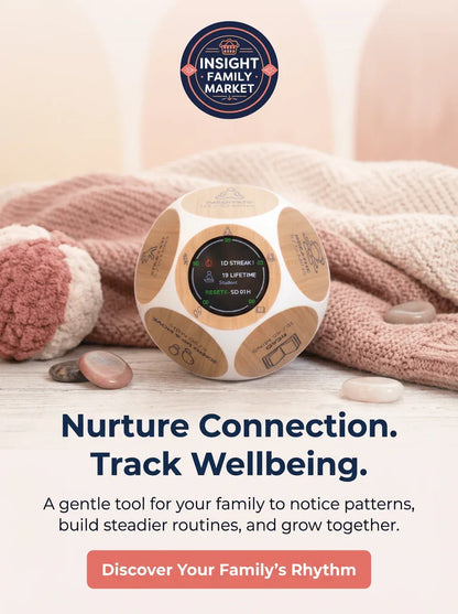 Family routine and wellbeing tracker with digital display, soft sensory textures, and calming decor.