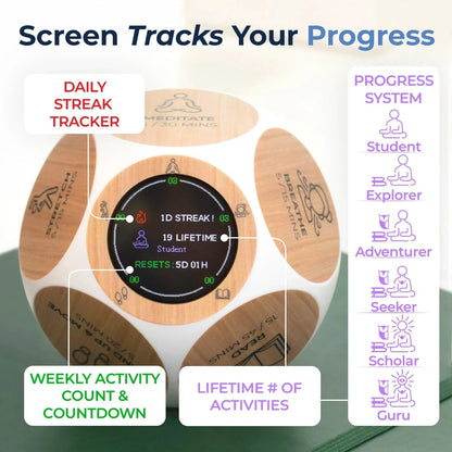 Wellness tracker device with digital progress screen showing daily streaks, activity count, and progress levels, surrounded by wooden panels labeled with wellness activities.