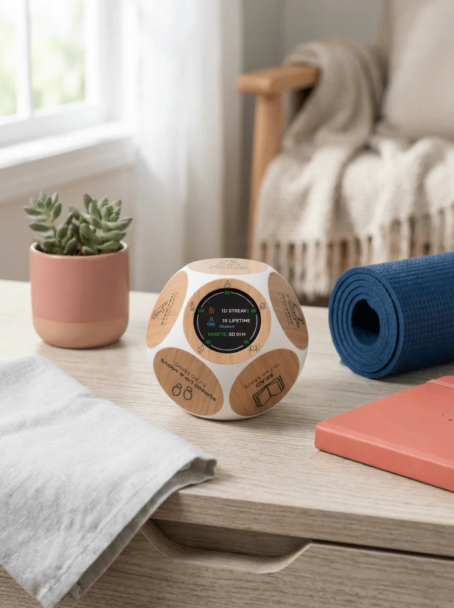 Modern wooden activity timer on desk with plant, yoga mat, and cozy blanket, wellness decor