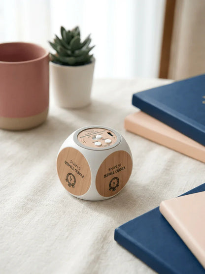 Cube timer for focus and time management on table with notebooks and potted plant