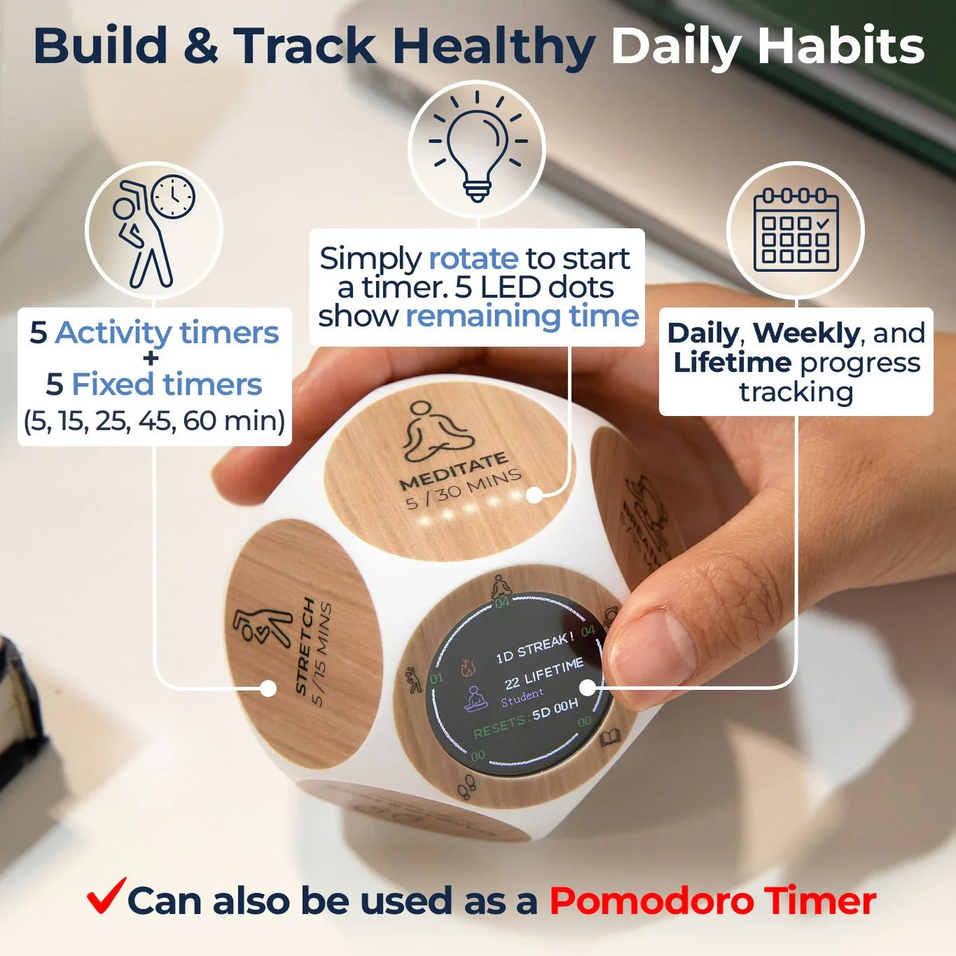 Hand holding a cube-shaped wellness timer with activity icons and digital Pomodoro display.