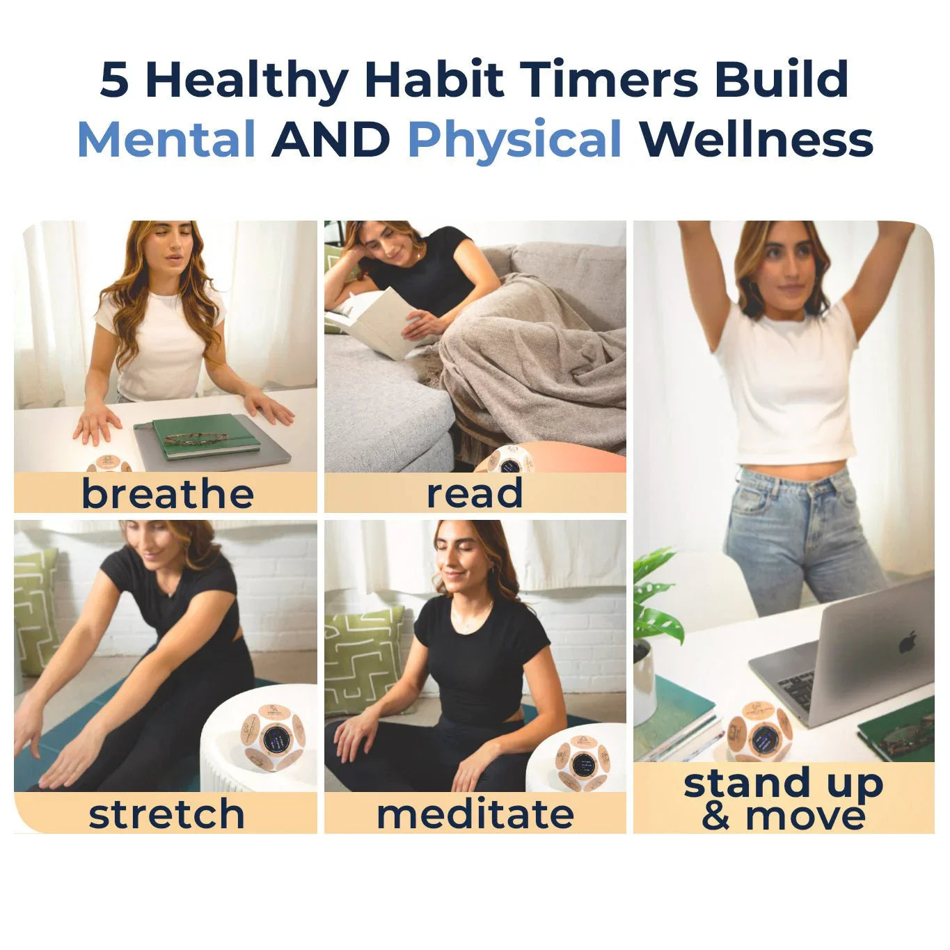 Collage showing a woman using a wellness habit timer for breathe, read, stretch, meditate, and move routines.