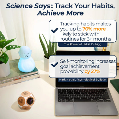 Habit tracking workspace with wooden dice, glowing blue meditation figure, laptop, and plants.