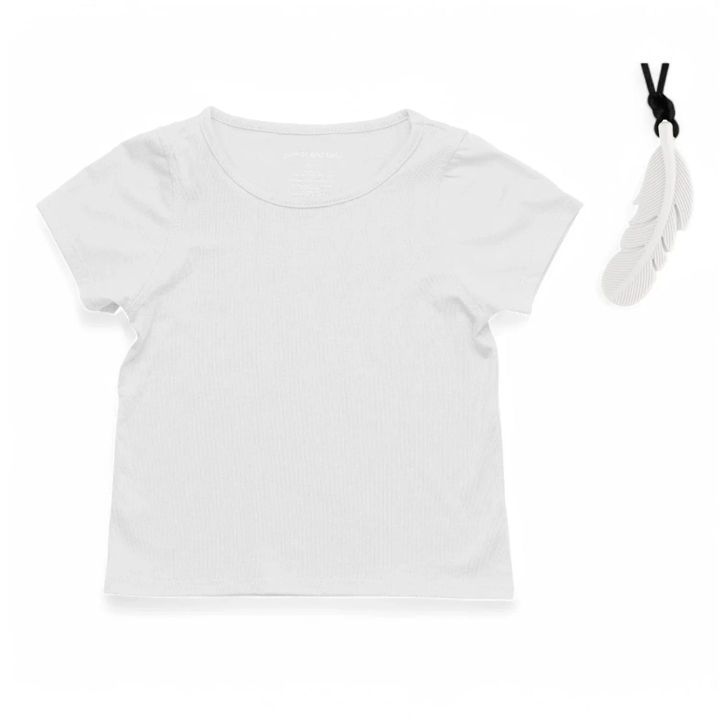 White sensory-friendly short sleeve tee with feather-shaped chewelry necklace