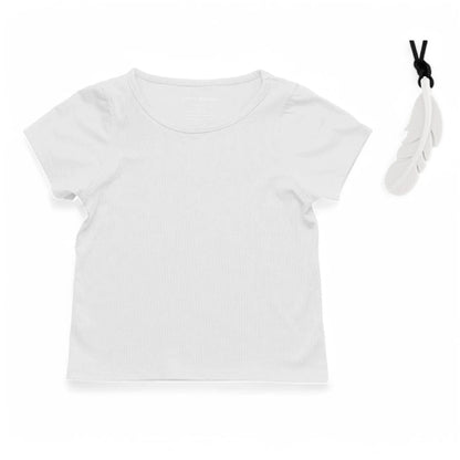 White sensory-friendly short sleeve tee with feather-shaped chewelry necklace