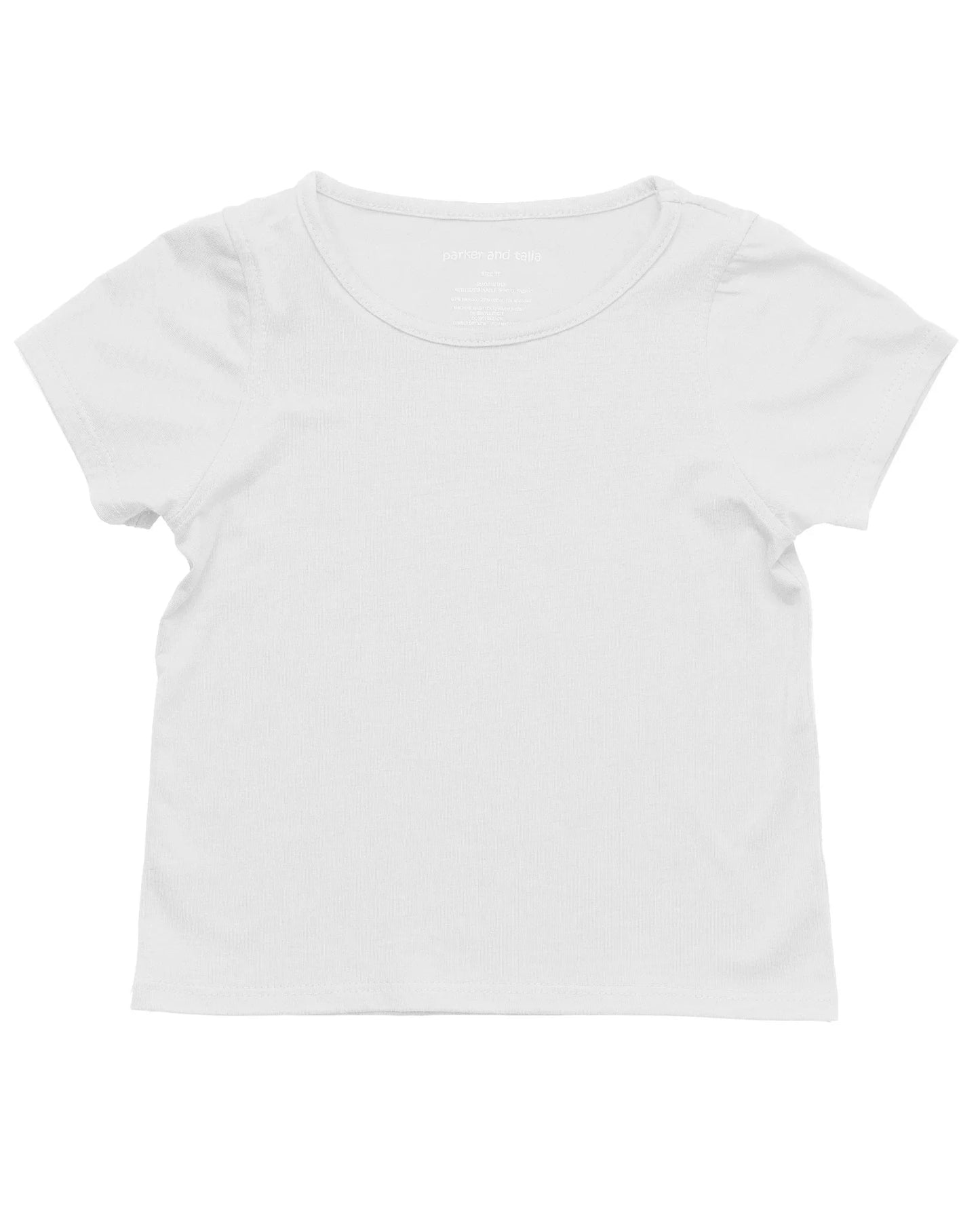 Plain white short sleeve sensory-friendly kids t-shirt on white background