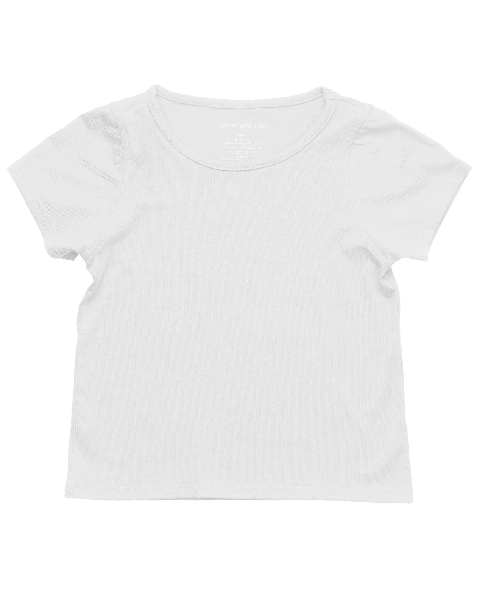 Plain white short sleeve sensory-friendly kids t-shirt on white background