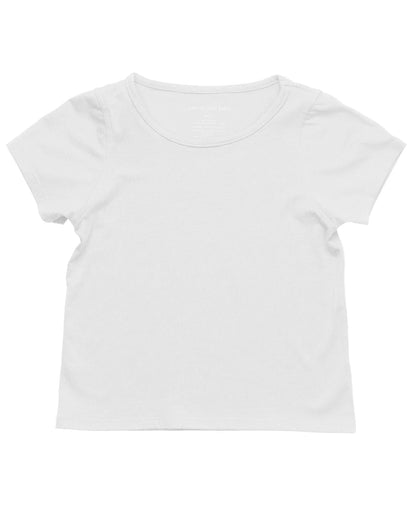 Plain white short sleeve sensory-friendly kids t-shirt on white background