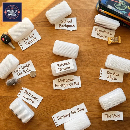 Sensory brushes labeled for organization in places like car, school backpack, and bathroom, for ADHD and autism support.