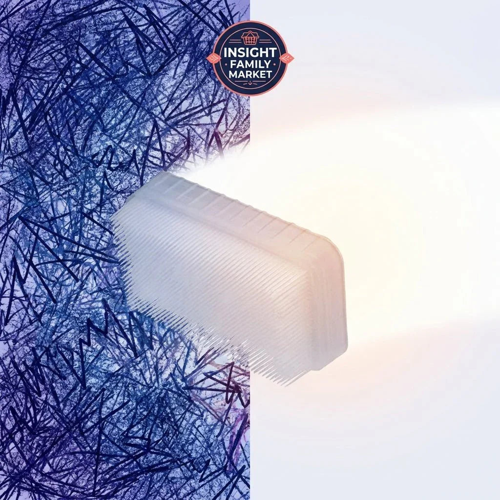Sensory calming brush separating chaotic blue lines from a calm, bright background