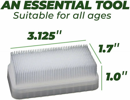 White sensory brush with soft bristles, suitable for all ages, shown with dimensions 3.125 x 1.7 x 1.0 inches.