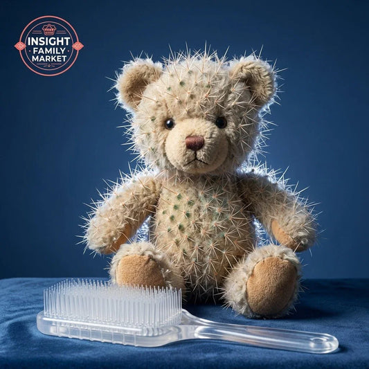 Plush teddy bear with spiky texture and sensory brush on blue background, symbolizing sensory sensitivity.