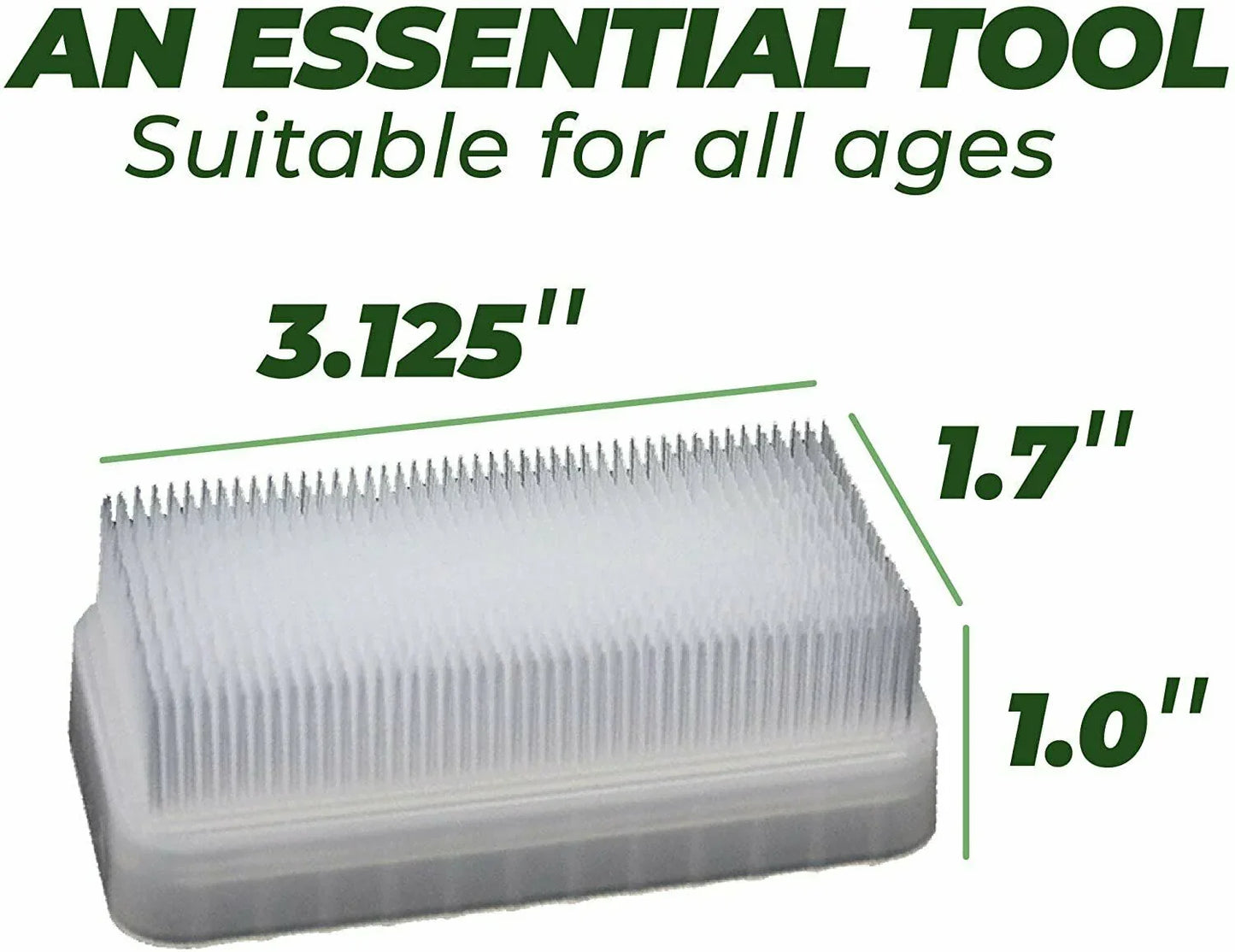Rectangular sensory brush with soft bristles, white, measuring 3.125 x 1.7 x 1.0 inches