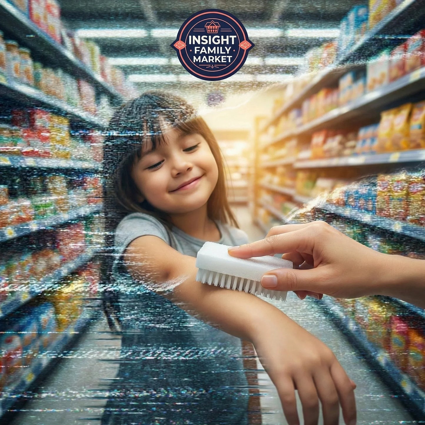 Smiling child in grocery aisle receives calming sensory brush therapy, sensory-friendly support