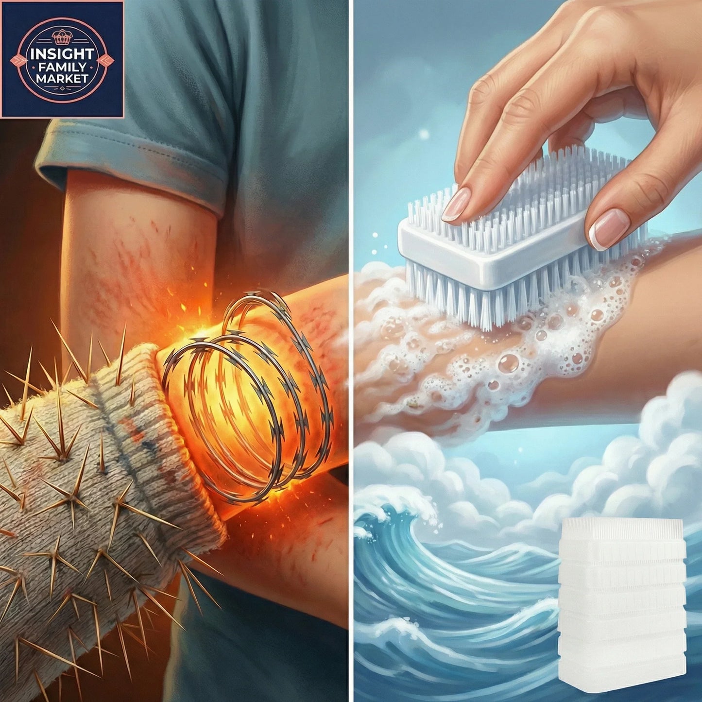 Split image of a forearm with barbed wire and spikes showing sensory pain, beside a hand gently brushing soapy bubbles on an arm, representing sensory relief.