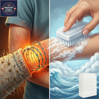 Split image of a forearm with barbed wire and spikes showing sensory pain, beside a hand gently brushing soapy bubbles on an arm, representing sensory relief.