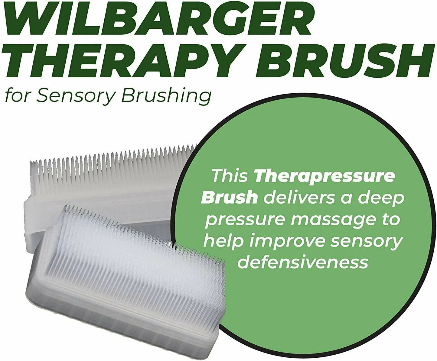 Wilbarger therapy brush for sensory brushing, clear plastic with soft bristles, shown with usage benefits.