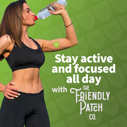 Woman in athletic wear drinking water with promotional text for The Friendly Patch Co. on a green background.