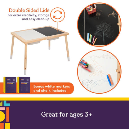 Kid’s Sensory Table Set with Deep Water and Sand Bins, Writable Lids, Chalk and Dry Erase Markers, and 2 Children’s Stools - Insight Family Market