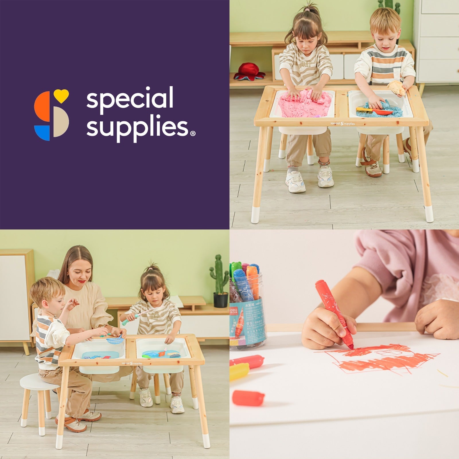 Kid’s Sensory Table Set with Deep Water and Sand Bins, Writable Lids, Chalk and Dry Erase Markers, and 2 Children’s Stools - Insight Family Market