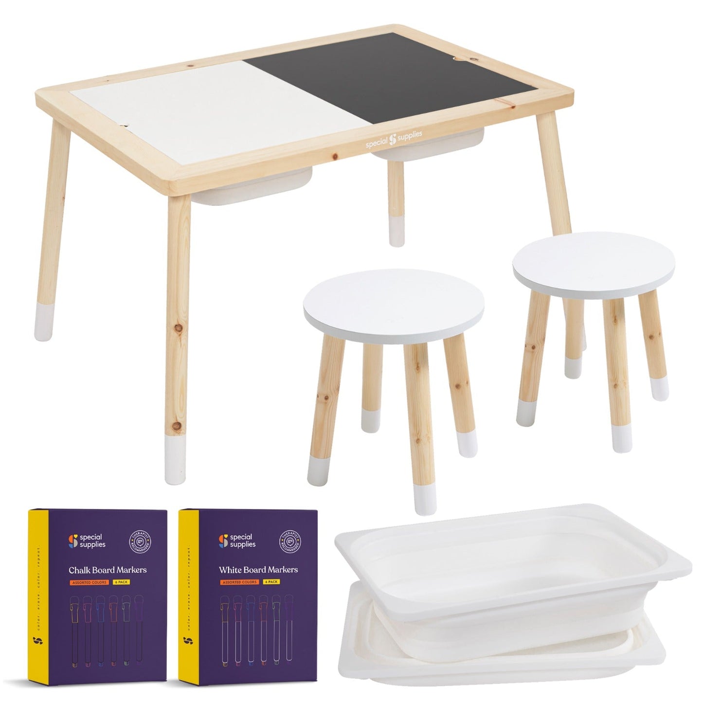 Kid’s Sensory Table Set with Deep Water and Sand Bins, Writable Lids, Chalk and Dry Erase Markers, and 2 Children’s Stools - Insight Family Market