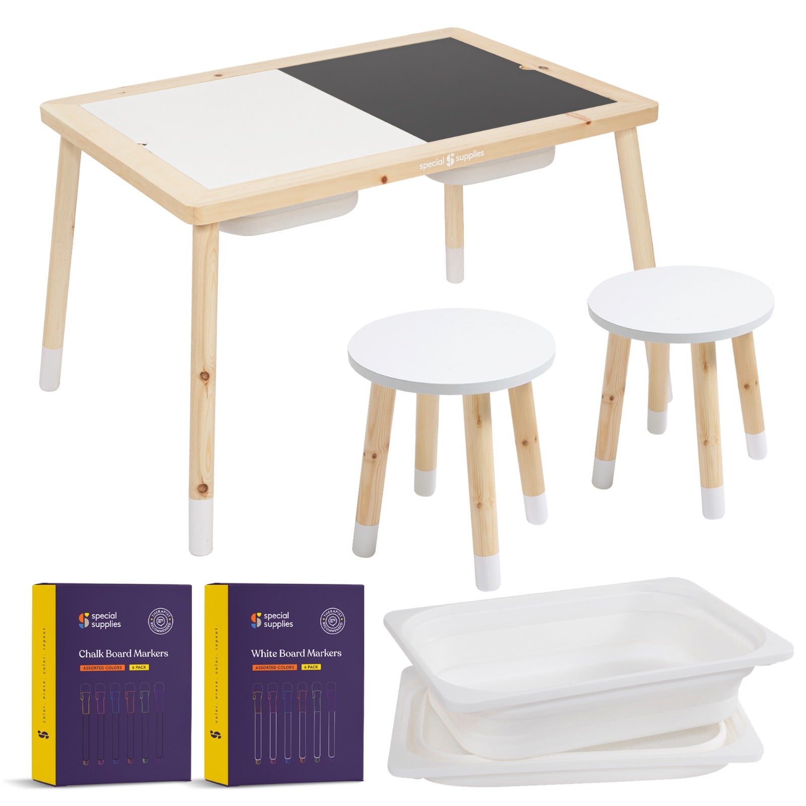 Kid’s Sensory Table Set with Deep Water and Sand Bins, Writable Lids, Chalk and Dry Erase Markers, and 2 Children’s Stools - Insight Family Market