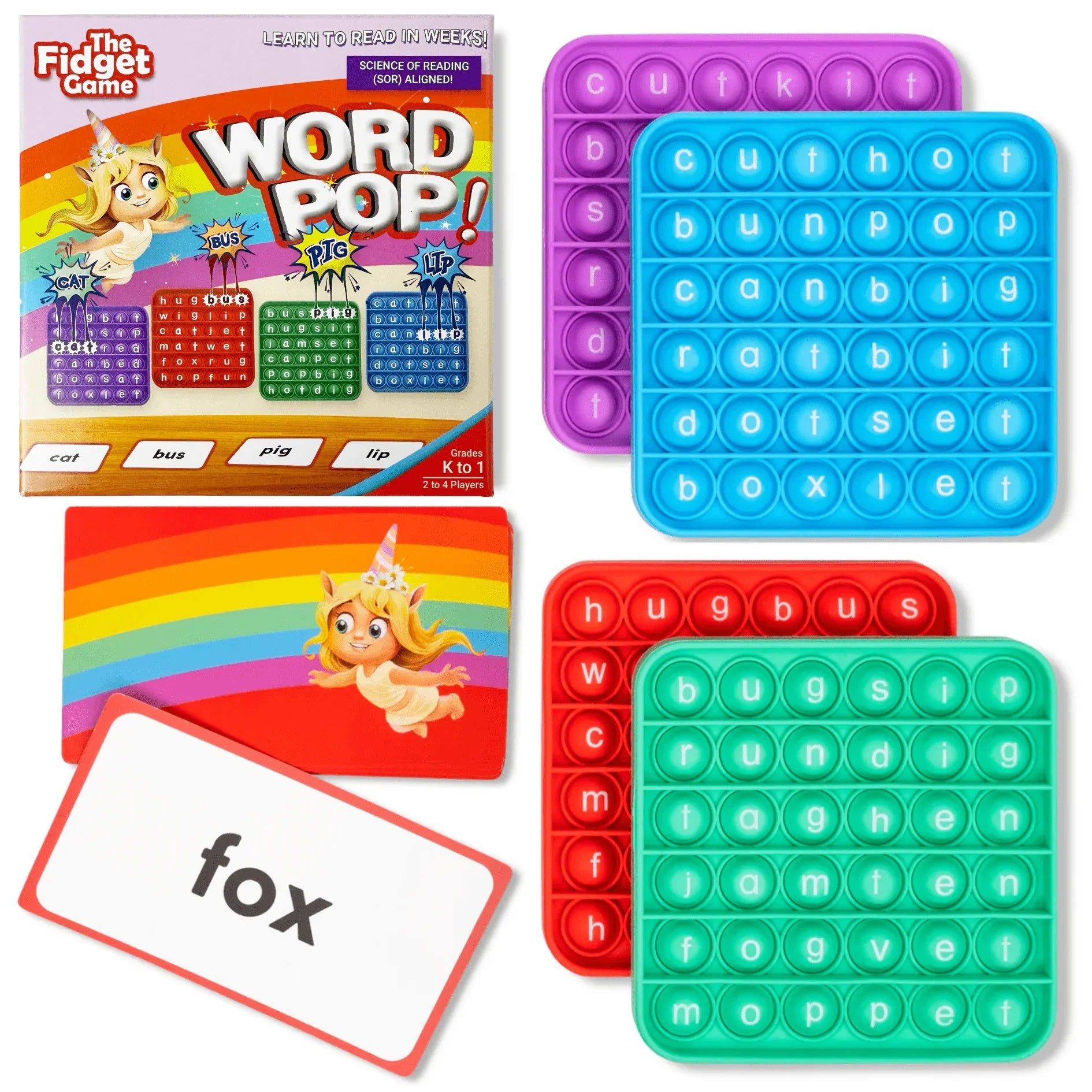 Colorful fidget word game with pop-it boards, word cards, and reading practice tools.