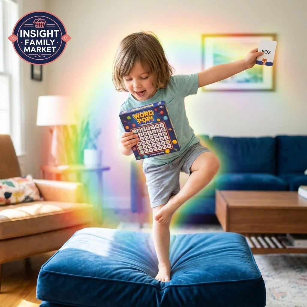 Smiling child playing Word Pop educational game on blue ottoman in sensory-friendly living room