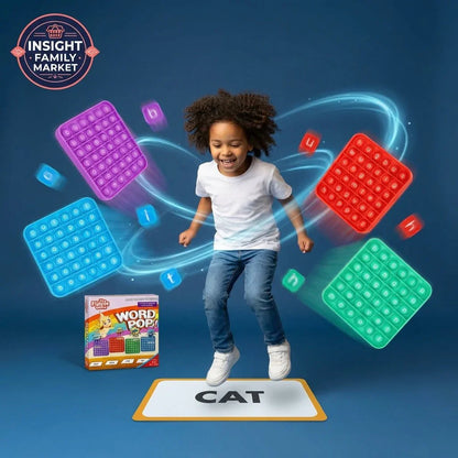 Smiling child jumping on a reading mat with colorful sensory fidget letter poppers and word game