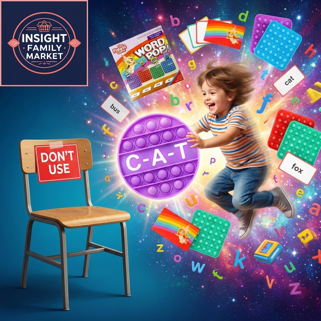 Happy child jumping with sensory learning toys, fidget poppers, and word cards, vibrant background