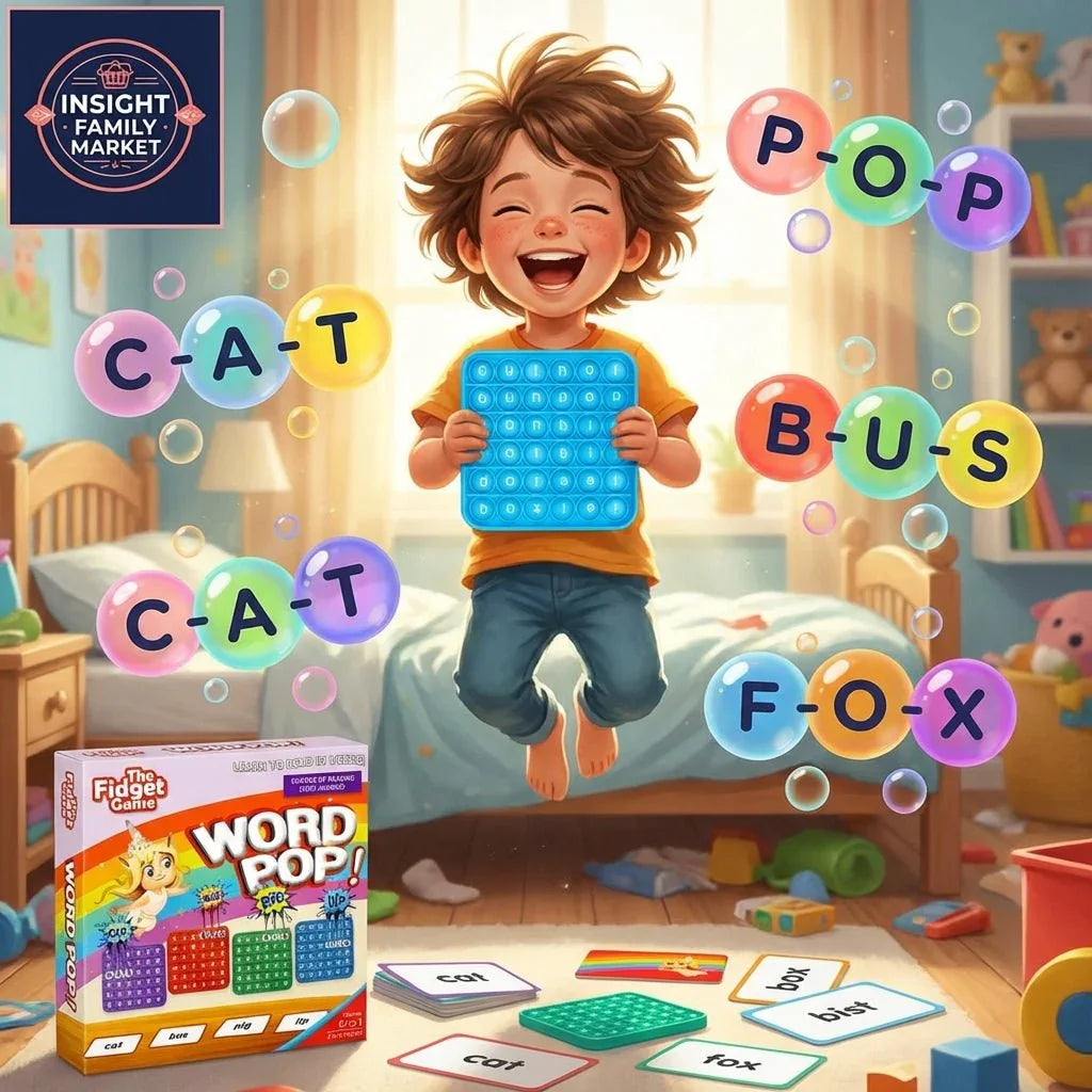 Smiling child jumping in bedroom with pop it word game, learning cards, and colorful bubbles spelling words.