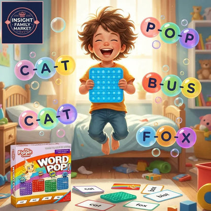 Smiling child jumping in bedroom with pop it word game, learning cards, and colorful bubbles spelling words.