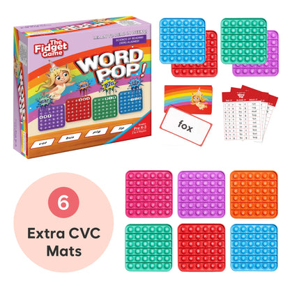 Word Pop phonics game box with 6 colorful extra CVC sensory fidget mats for learning